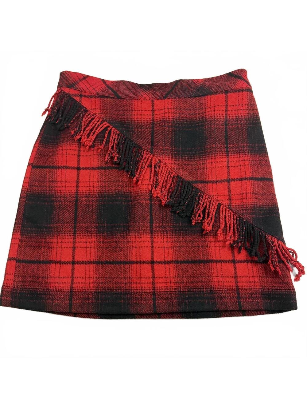 Les Coyotes de Paris Red Black Plaid Fringe Wool Blend Mini Skirt Academia Cabin